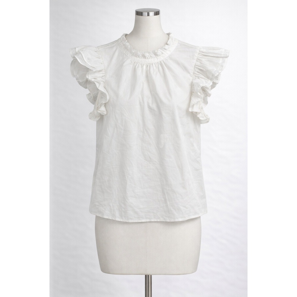Express‎ Blouse Women Small White Ruffle High Neck Flutter Sleeve Keyhole Top